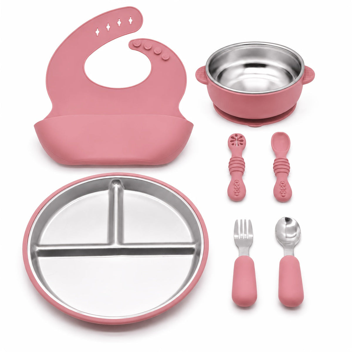 7-Piece Baby Feeding Set Stainless Steel Divided Suction Plate Removable Bowl Adjustable Bib Spoon Fork Self-Feeding Toddler Utensils