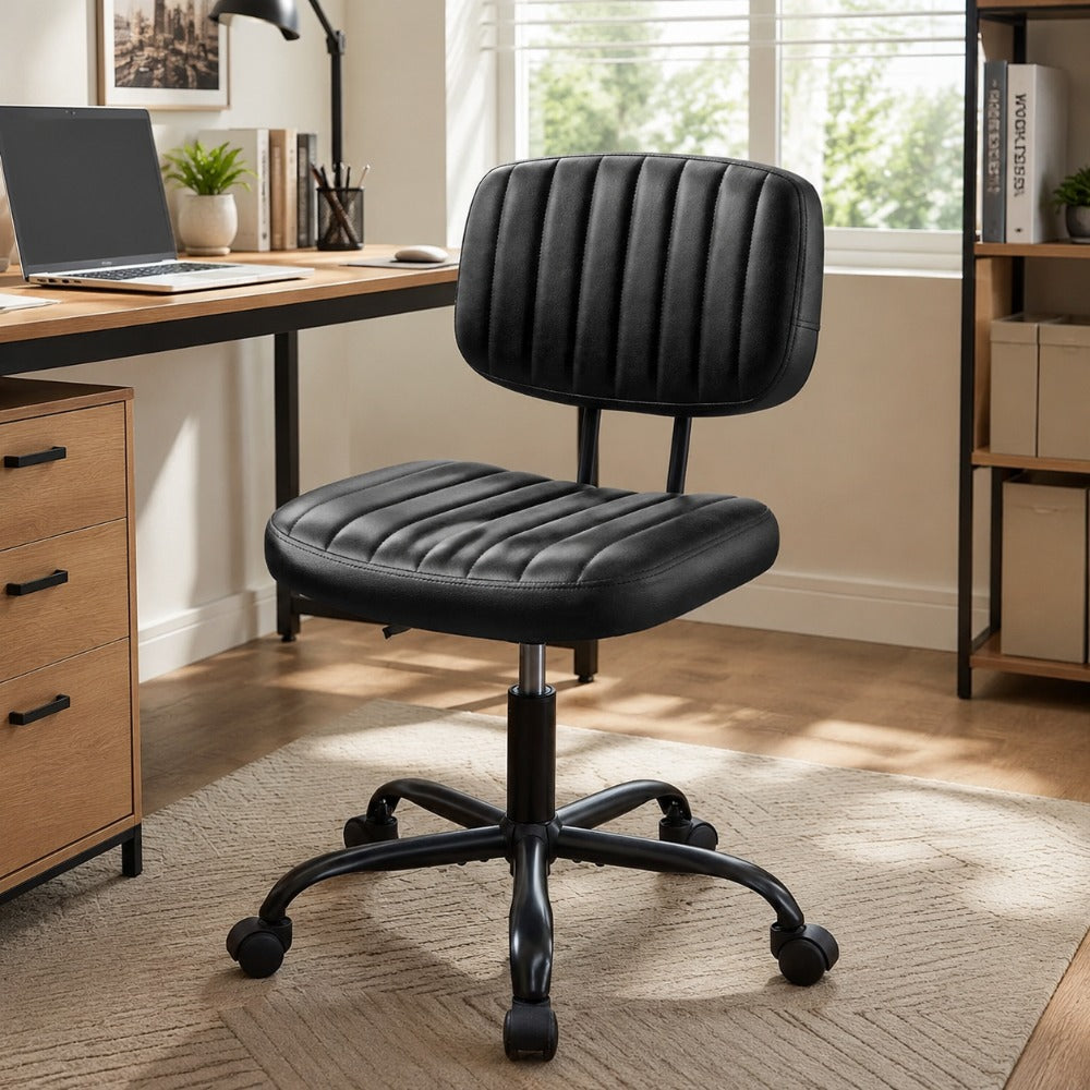 Armless Desk Chair PU Leather with Lumbar Support – Height Adjustable Rolling Swivel Task Chair for Home Office Bedroom Vanity Students Adults