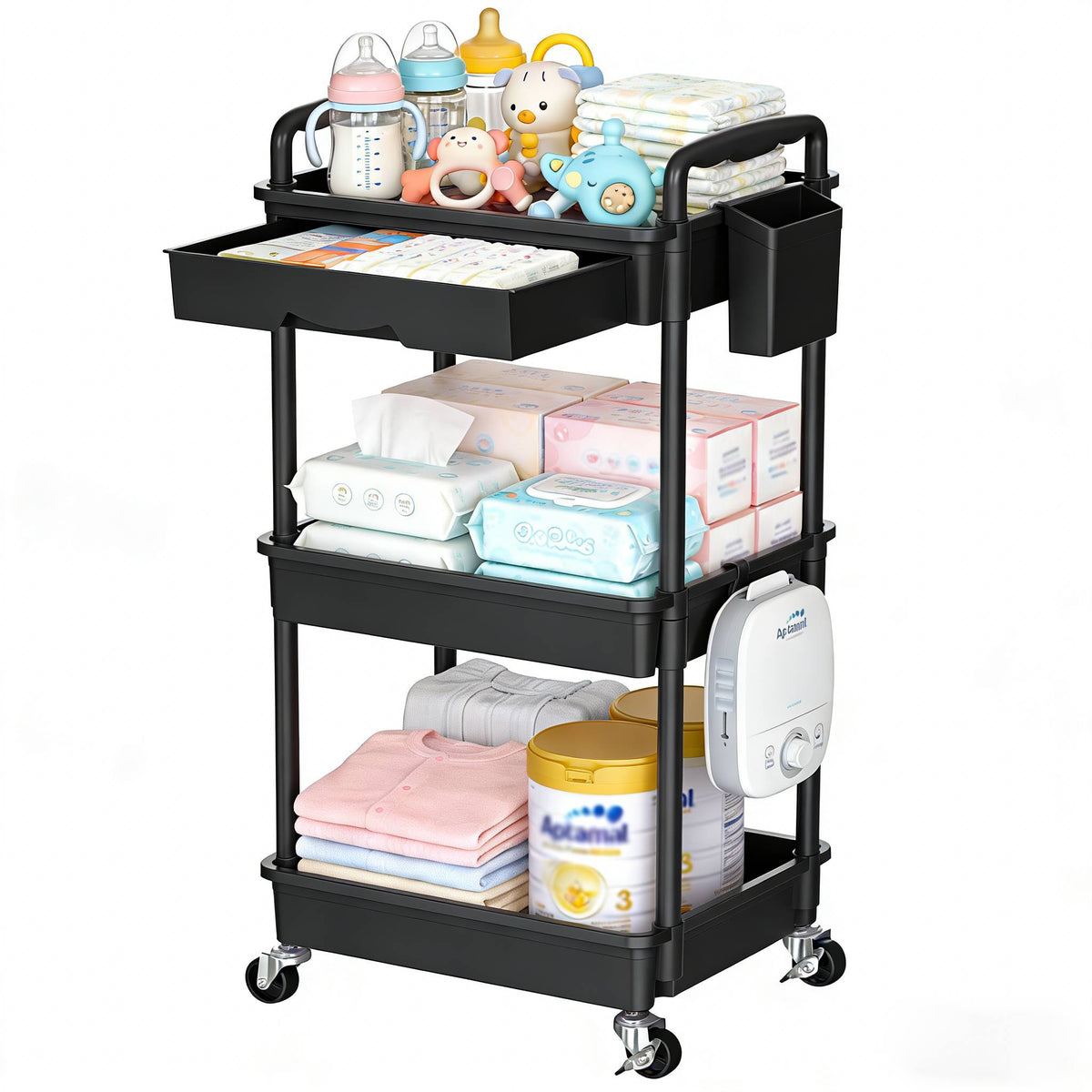 3-Tier & 4-Tier Mobile Nursery Storage Cart on Wheels, Space-Saving Rolling Organizer for Nursery & Baby Room Decor, Sturdy with Smooth Wheels, Baby Pink, Green, Blue, Purple, White, Black & Grey