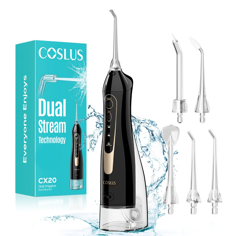 COSLUS CX20 Cordless Water Flosser with 4 Modes & 5 Tips - IPX7 Waterproof, 30-Day Battery, USB Rechargeable, Portable Oral Irrigator for Teeth Cleaning Travel Home - Black Gold & White Gold