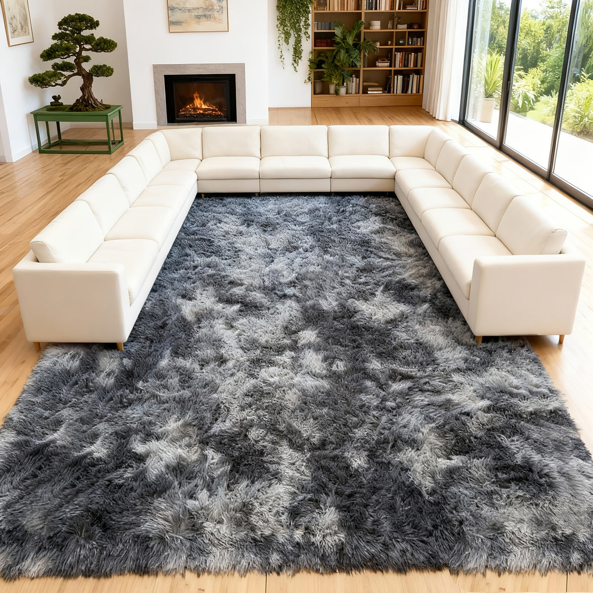 Shaggy Area Rug 9x12 & 10x14 Ultra Soft Fluffy Non-Slip Large Plush Carpet, Machine Washable Tie-Dye & Solid Rug for Living Room Bedroom Home Decor, Black White Gray Pink Rainbow Purple Tie-Dye