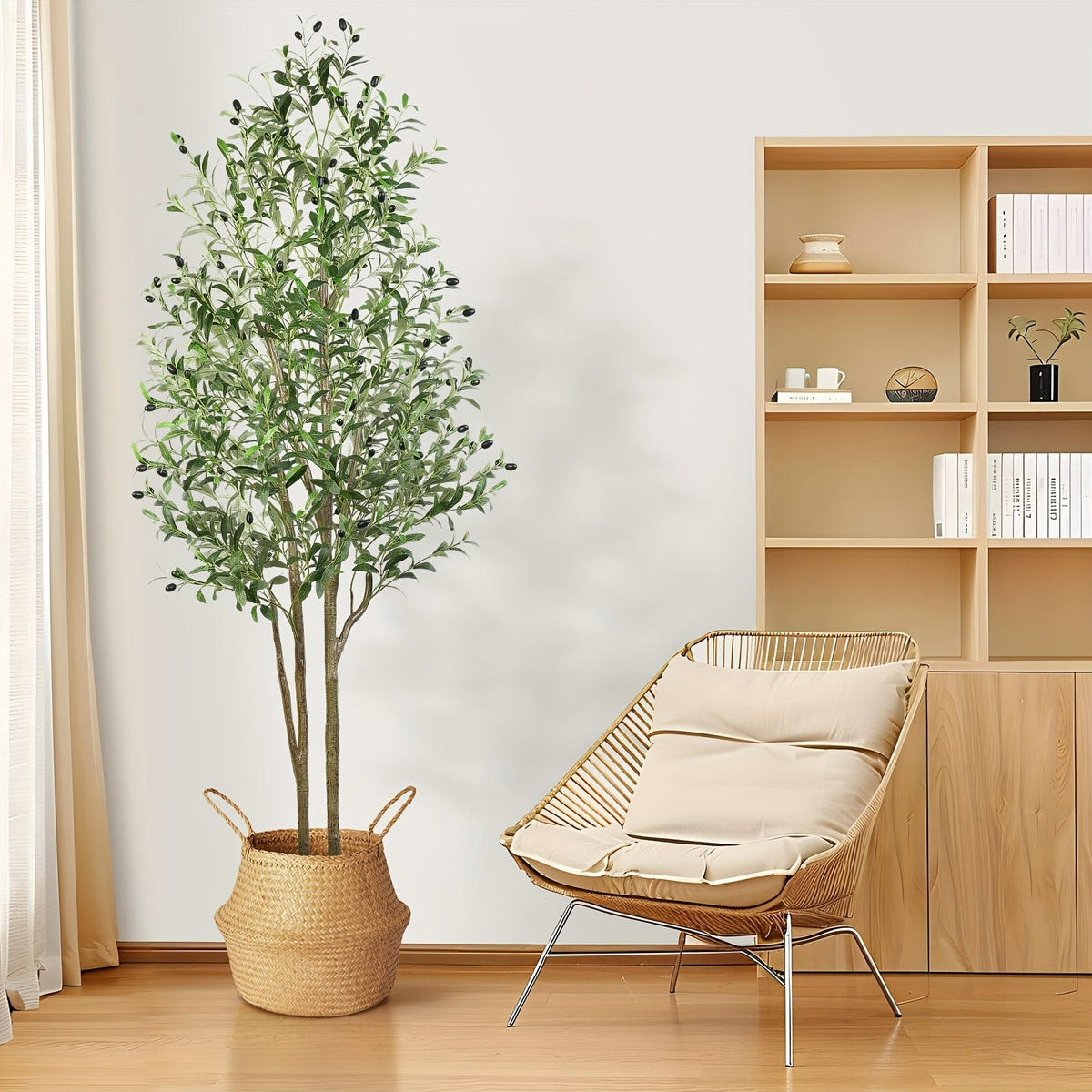 Artificial Olive Tree 4/5/6/7ft – Double Pole Silk Leaves & Faux Fruit Realistic Wood Trunk Faux Moss Potted Faux Plant for Home Living Room Indoor Outdoor Decor