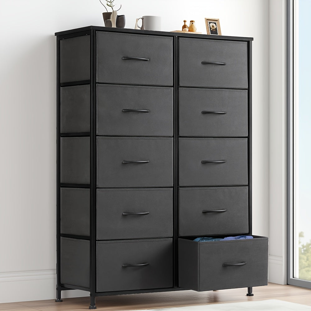Idle Way 9 & 10-Drawer Bedroom Dresser with Metal Frame & Wood Tabletop, Fabric Closet Organizer Chest Storage Tower for Bedroom, Living Room & Entryway, Coal Black, Black & Grey