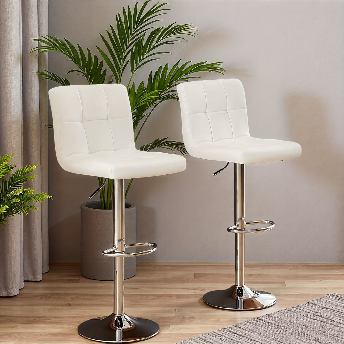 Adjustable Swivel Bar Stools Set of 2 Armless Hydraulic PU Leather with Thickened Seat Cushion & Backrest, Counter Height Kitchen Bar Chairs for Home Bar Island, White Black