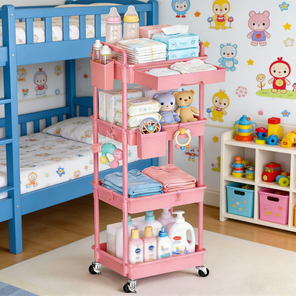 3-Tier & 4-Tier Mobile Nursery Storage Cart on Wheels, Space-Saving Rolling Organizer for Nursery & Baby Room Decor, Sturdy with Smooth Wheels, Baby Pink, Green, Blue, Purple, White, Black & Grey