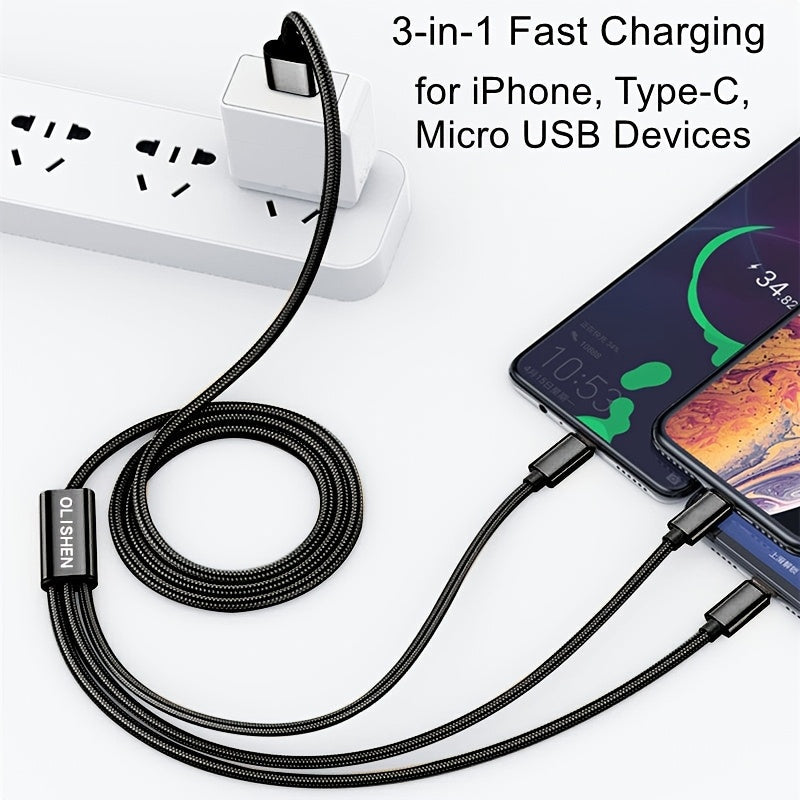 2-Pack 3-in-1 Fast Charging Cable - Nylon Braided Lightning, USB-C & Micro USB - 1m, 2m & 3m - For iPhone 6–17, Samsung, Huawei, Oppo, Vivo & More - 8 Color Combos