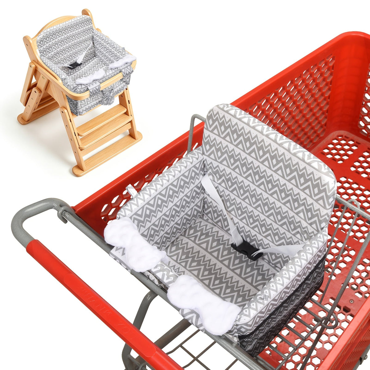 Dual-Use Kids Shopping Cart & High Chair Seat Cover, Soft Thick Breathable Foldable Seat Cushion with Side Storage Pocket for Travel & Home, Grey Waves & White Elegant