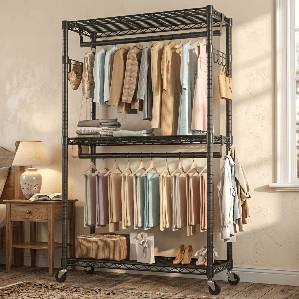 Heavy Duty Rolling Clothes Rack Adjustable Double Rods – Metal Freestanding Closet Organizer with Wheels & Side Hooks for Hanging Clothes