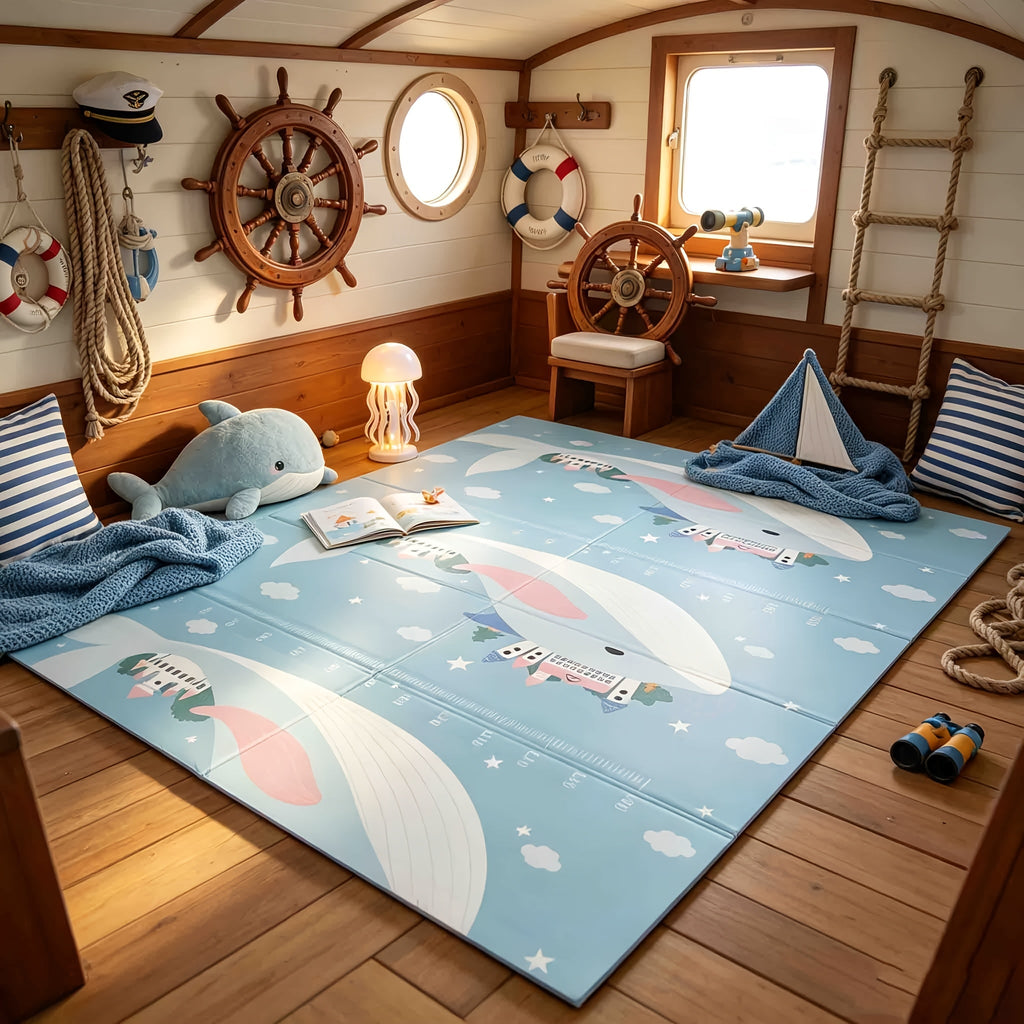 Double-Sided Crawling & Tummy Time Play Mat, Soft Thickened Foldable Baby Floor Mat for Indoor Use, Whale Paradise Design in 79x71 and 79x59 Inch Sizes