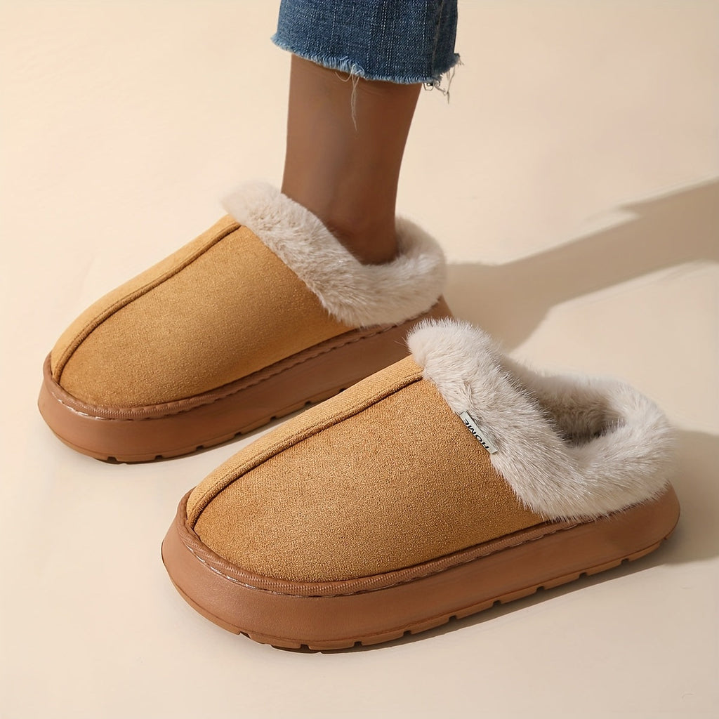 Women's Short Plush Slippers - EVA Thick Sole, Warm & Cozy, All-Season - Color-Matching Design - US 5.5–11 - Off-White, Khaki, Pink Red, Lead, Coffee & Black