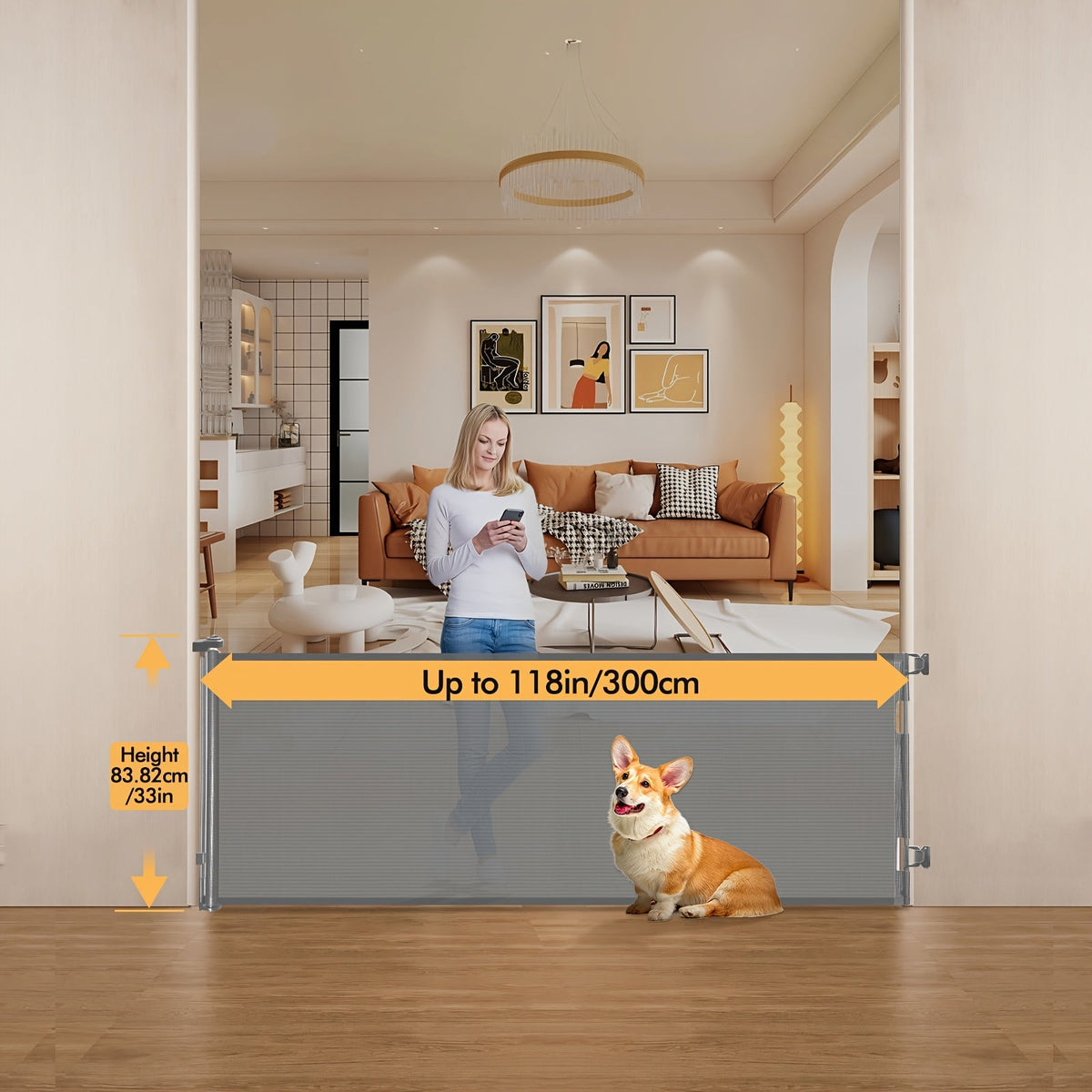 VERASTE Retractable Mesh Safety Gate, 33"/41" Tall Baby & Pet Gate for Doorways, Stairs & Hallways, Indoor & Outdoor Use, Multiple Width Options, Black, White & Gray