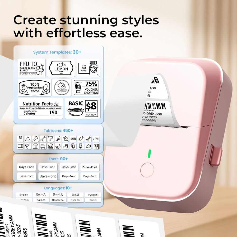 2-Inch Wireless Inkless Label Maker with Tape - Portable Thermal Printer, USB Rechargeable for Home, Kitchen, School & Office Organization - Pink, Black, Green & Violet