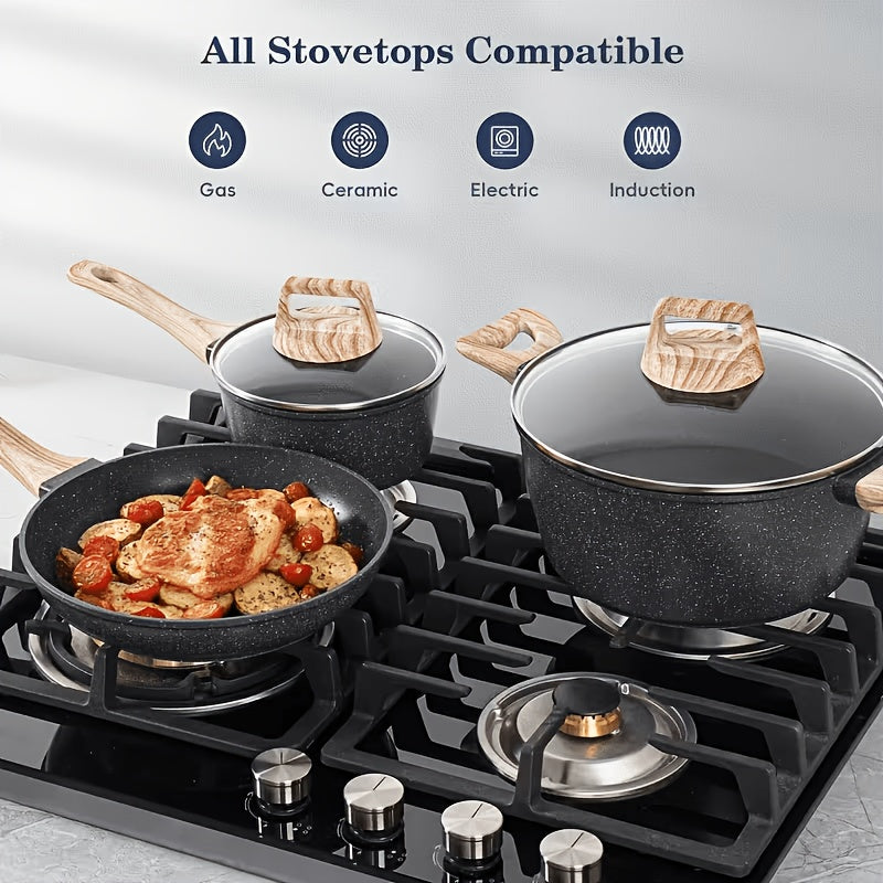 Nonstick Cookware Set 12-Piece – Pots and Pans with Wooden Handle Induction Compatible for Home Kitchen Camping RV & Travel in Black & White