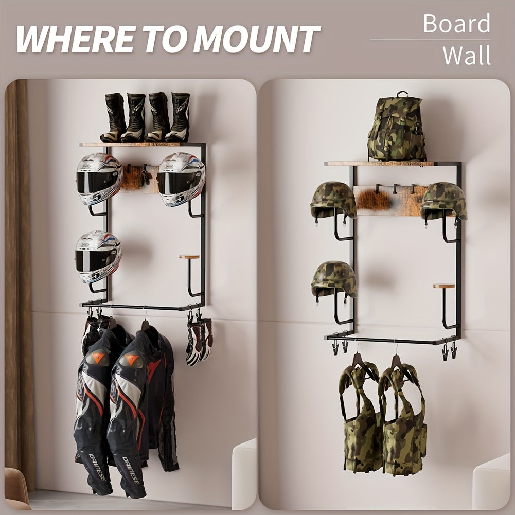 Wall Mounted Motorcycle Helmet Holder - 4 Clips & 4 Hooks, Helmet Rack & Hanger for Motorcycle Accessories Storage - Black