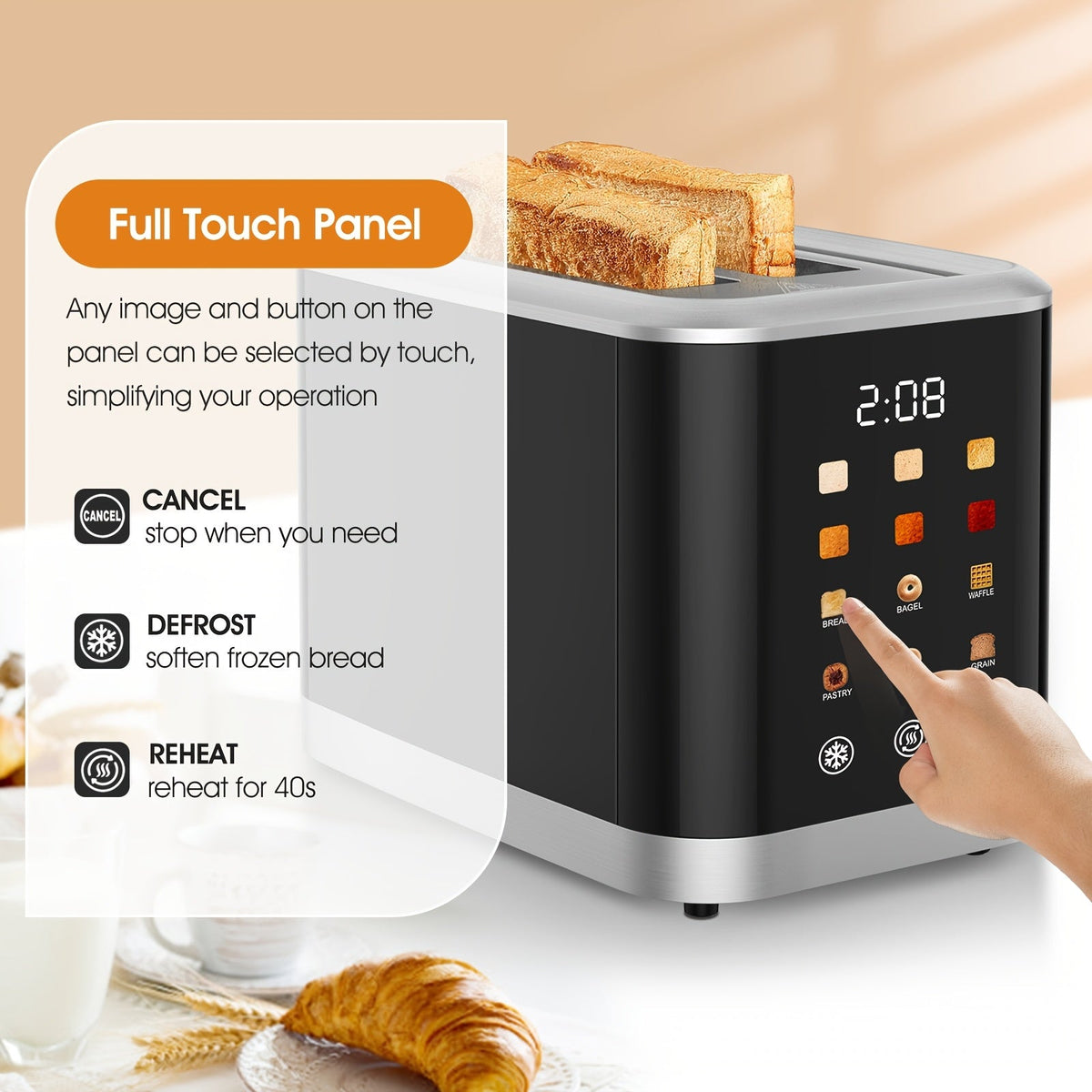 2-Slice Touchscreen Toaster with 1.5" Wide Slots - 6 Bread Types, 6 Shade Settings, 5 Toast Functions, Cancel & Defrost, for Bread English Muffins Bagels Croissants - Black