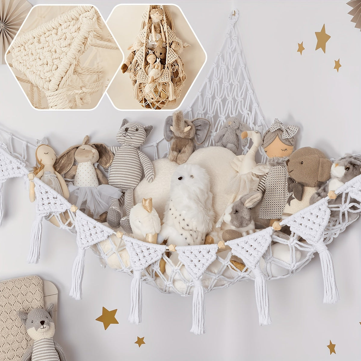 Macrame Stuffed Animal Storage Hammock, Jumbo Corner Hanging Plushie Net Organizer for Kids Nursery & Bedroom Decor, 9 Colors Including White Gray Pink Black & Rainbow