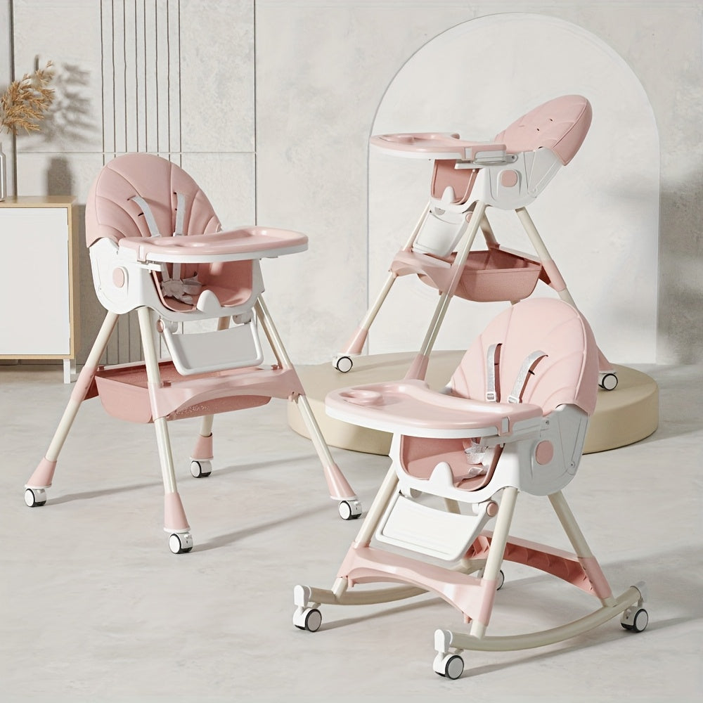 Multi-Functional Adjustable Children's High Chair, 3-in-1 Adjustable Kids Dining Chair with Rocking Chair & Portable Table Function for Home Use, Beige Green & Pink