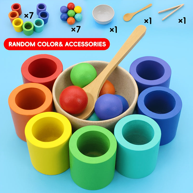 Wooden Rainbow Ball & Cup Color Sorting Toy Set, 7 Balls & 7 Cups Educational Color Classification Game for Toddlers, Fine Motor Skills Sensory Learning Toy for Boys & Girls
