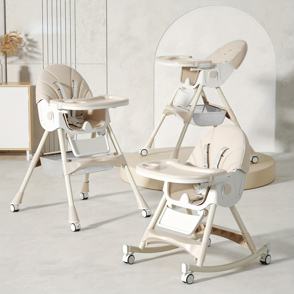 Multi-Functional Adjustable Children's High Chair, 3-in-1 Adjustable Kids Dining Chair with Rocking Chair & Portable Table Function for Home Use, Beige Green & Pink
