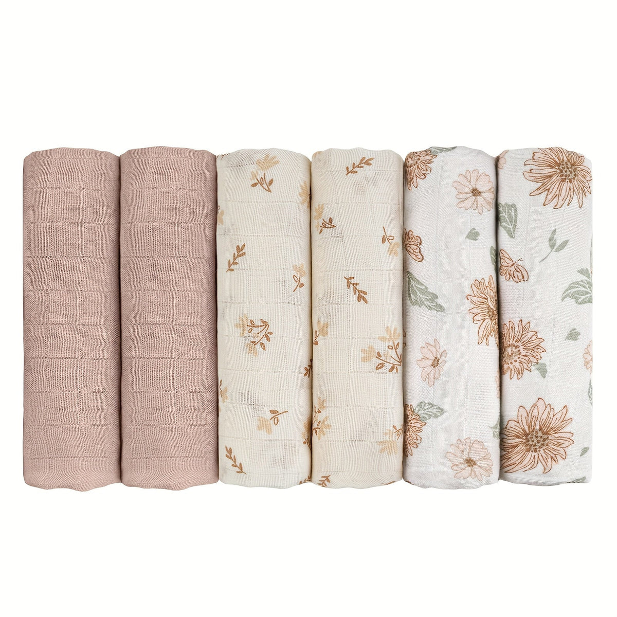6-Piece Baby Muslin Blanket Set, Super Soft Receiving Blankets for Newborn Boys & Girls, 5 Designs Including Little Daisy Green Apple Cute Rabbit Cute Bear & White, Christmas Baby Gift Set