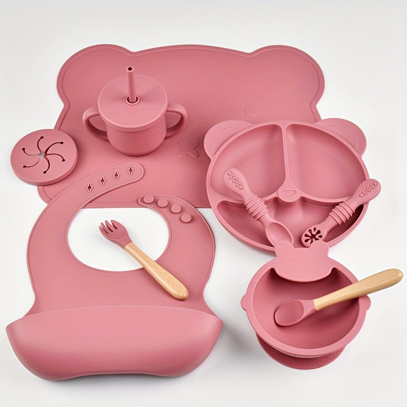 10-Piece Baby Toddler Silicone Tableware Set for Ages 1-3, Complete Feeding Set with Silicone Dinner Plate Fork Spoon Suction Cup Bowl Bib Snack Cup & 2-in-1 Straw Cup, BPA-Free Baby Mealtime Essentials