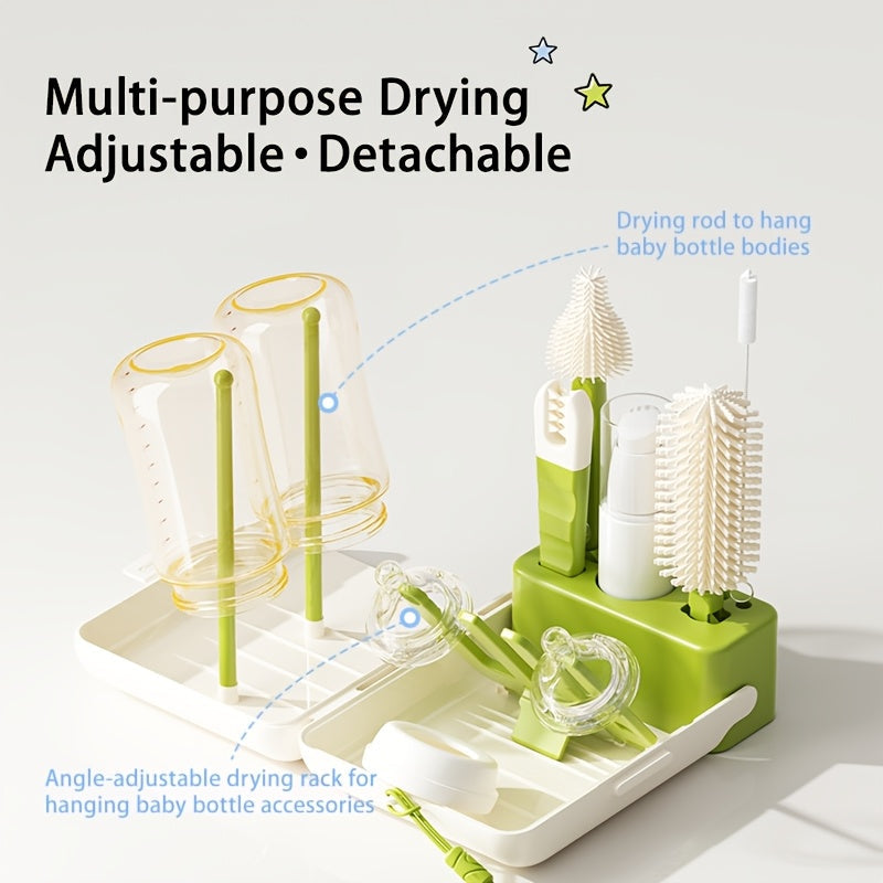 Book-Shaped Portable Baby Bottle Cleaning Brush Set, Multi-Functional Kit with Bottle Brush Nipple Brush Straw Brush Cup Brush & Draining Rack, Lightweight Travel Bottle Cleaning Tools, Green & Blue
