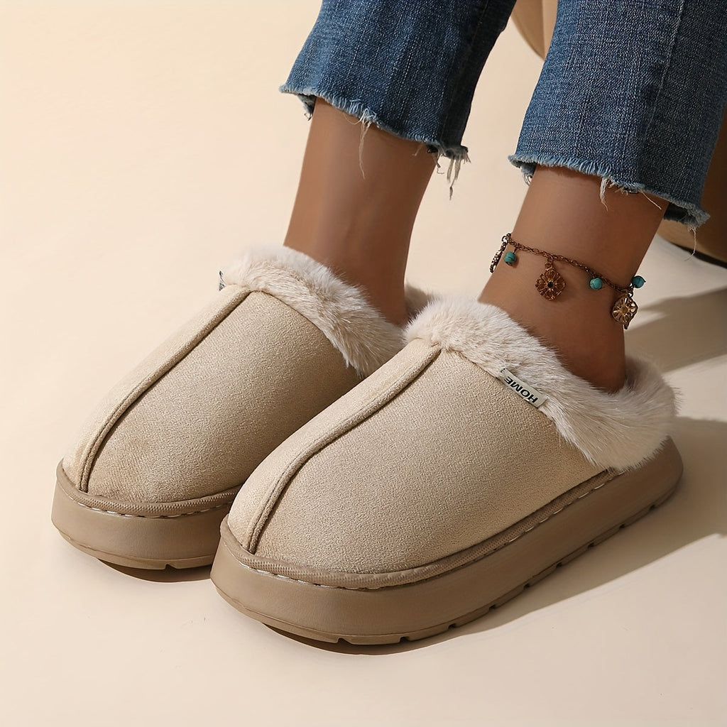 Women's Short Plush Slippers - EVA Thick Sole, Warm & Cozy, All-Season - Color-Matching Design - US 5.5–11 - Off-White, Khaki, Pink Red, Lead, Coffee & Black