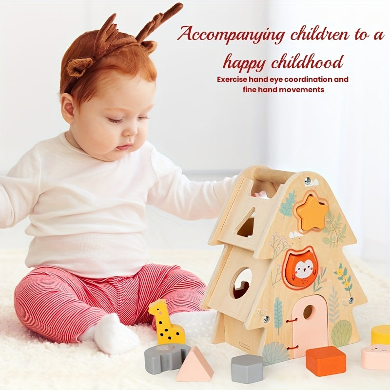 Wooden Big Tree Wisdom House Shape Matching Puzzle Toy, Creativity & Spatial Perception Development, Hand-Eye Coordination & Fine Motor Training for Babies & Toddlers, Holiday Gift