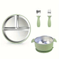 Baby & Toddler Stainless Steel Tableware Set, 304 Stainless Steel Plate Bowl Fork & Spoon, Anti-Fall Anti-Scalding Easy-Clean Children's Mealtime Dining Set, 2 Colors Including Dark Green & Beige