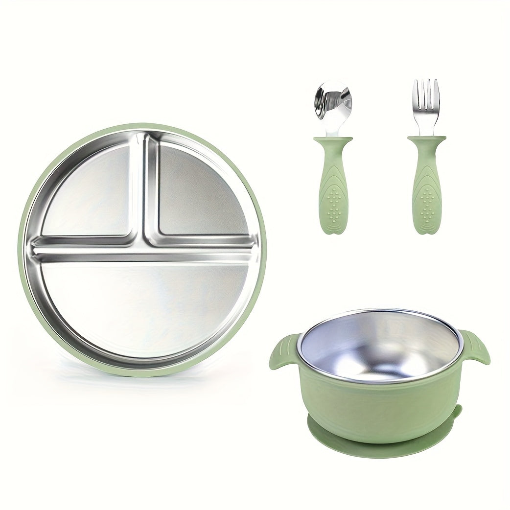 Baby & Toddler Stainless Steel Tableware Set, 304 Stainless Steel Plate Bowl Fork & Spoon, Anti-Fall Anti-Scalding Easy-Clean Children's Mealtime Dining Set, 2 Colors Including Dark Green & Beige