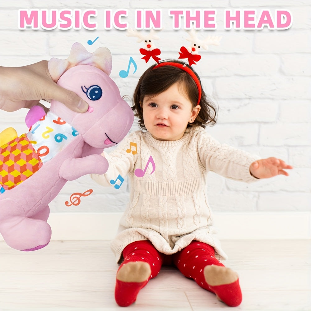 Musical Plush Stuffed Dinosaur Baby Toy with Teether, Crinkle Texture, Squeaky & Rattle, Multi-Sensory Infant Toy for 0-3-6-12+ Months, 3 Colors Including Pink Purple & Blue