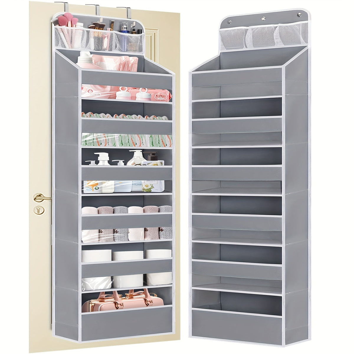 Over-the-Door Hanging Storage Organizer, 7 Spacious Pockets with Clear Window, 50 lb Capacity Door Organizer for Shoes Diapers & Bedroom Storage, Dark Grey