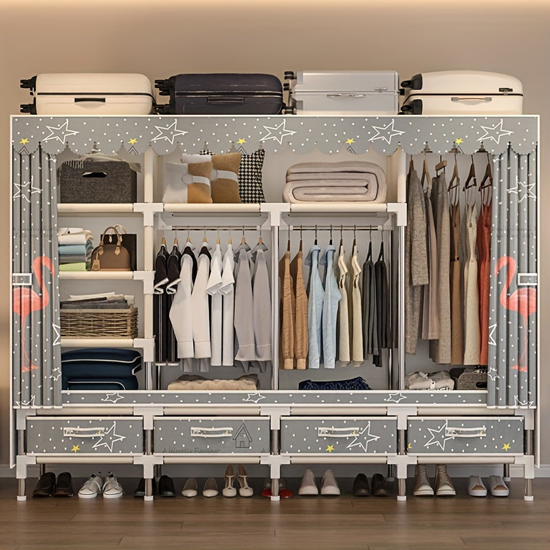 AOSENKO Fabric Wardrobe Closet - Full Steel Frame, 4 Reinforced Hanging Rods, Drawers Included, Easy Assembly - Rental, Dorm & Study Storage - Multiple Sizes & Patterns