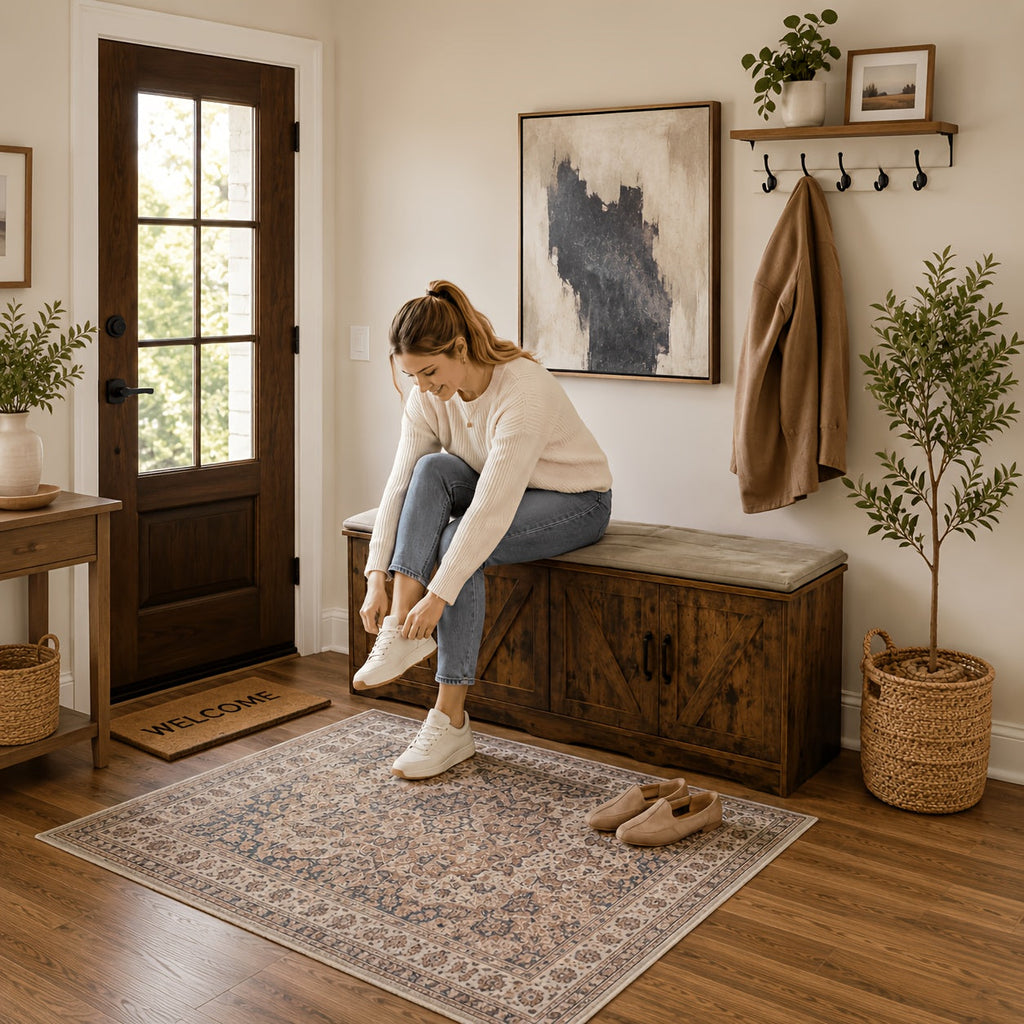 43-Inch Storage Ottoman Bench with 4 Barn Doors, Large Capacity Heavy-Duty Shoe Storage Bench, Long Entryway Bench with Storage for Living Room Foyer Bedroom, Modern Farmhouse Style