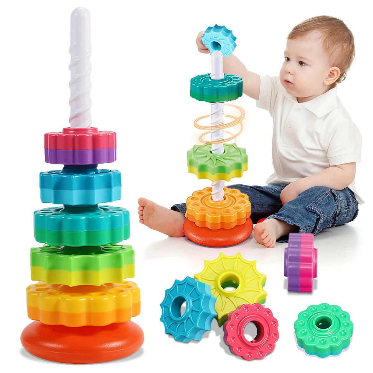 5-in-1 Rainbow Spinning Gear Tower with Rotating Base Interactive Educational Toy for Toddlers Motor Skills Hand-Eye Coordination Cognitive Development