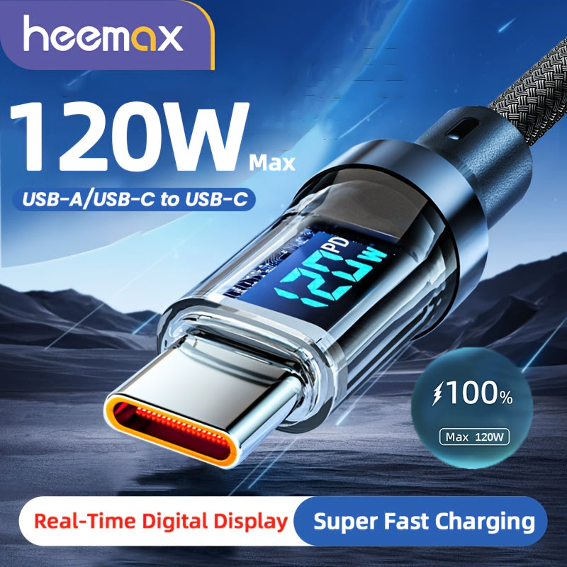 6A 120W Fast Charging Cable with Real-Time Digital Display - USB-A to USB-C Quick Charge - For iPhone, Android & Samsung - 1m & 2m - Black