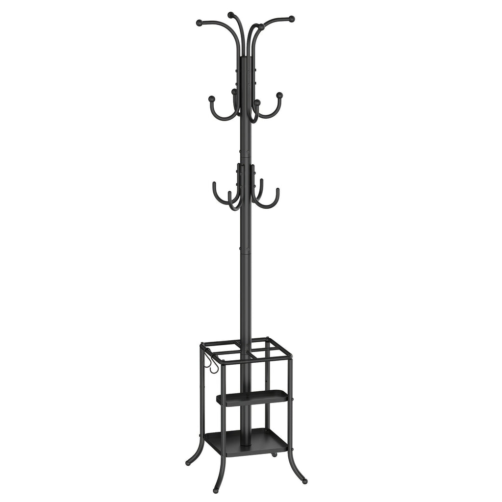 Metal Freestanding Coat Rack Stand with 12 Hooks & Umbrella Storage Base – Multi-Hook Garment Holder for Hallway Entryway Bedroom