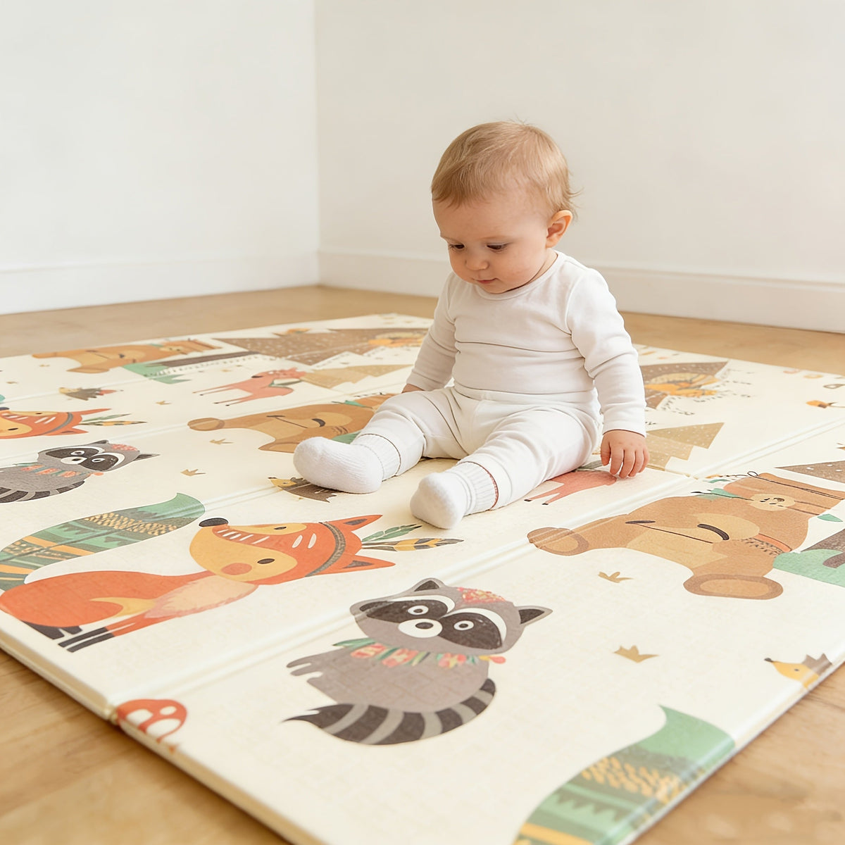Baby Crawling Mat Foldable, 78x58 Inch Large Padded Play Mat for Babies Early Crawling Stage, Soft Non-Slip Infant Floor Mat for Nursery Living Room, Fox Design