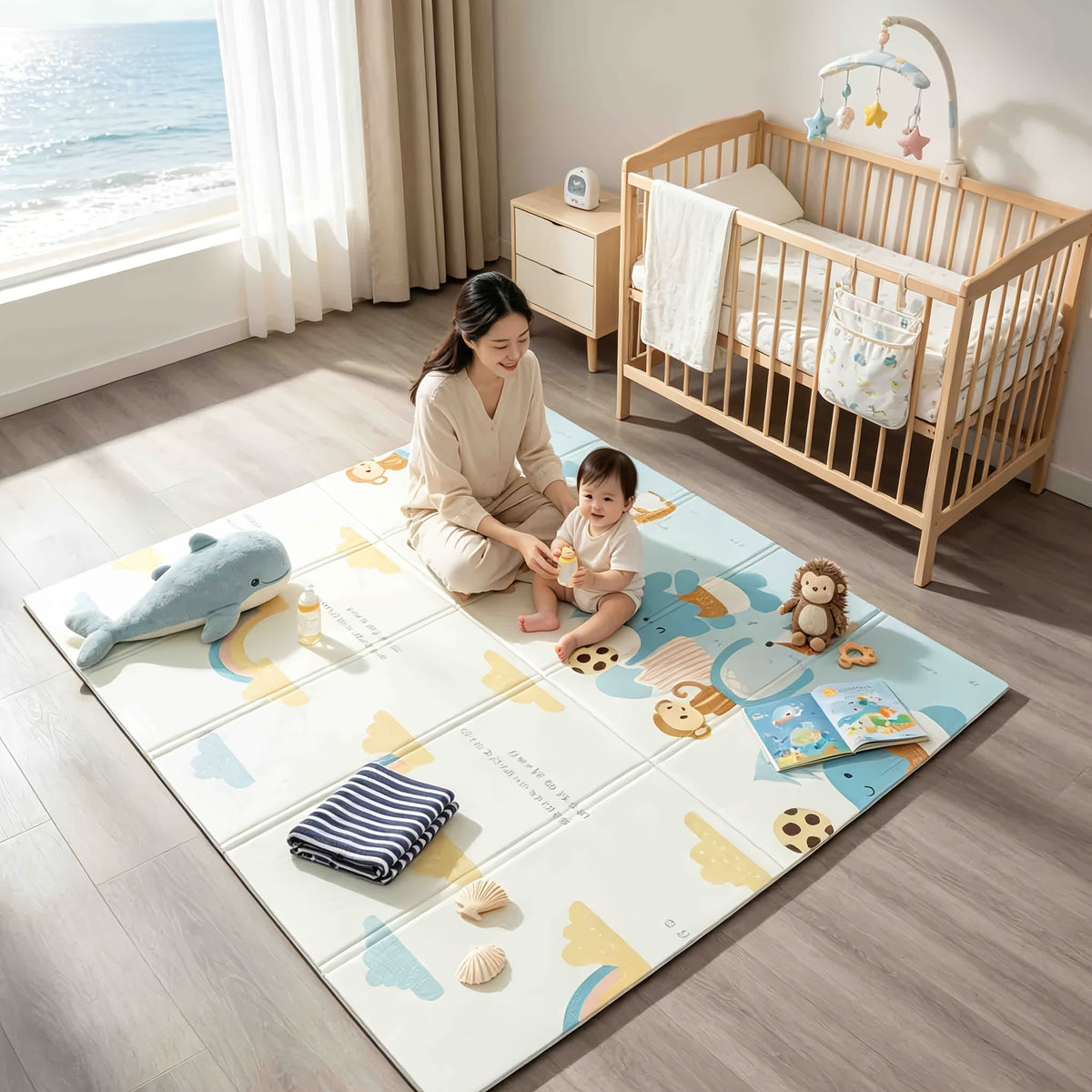 Double-Sided Crawling & Tummy Time Play Mat, Soft Thickened Foldable Baby Floor Mat for Indoor Use, Whale Paradise Design in 79x71 and 79x59 Inch Sizes
