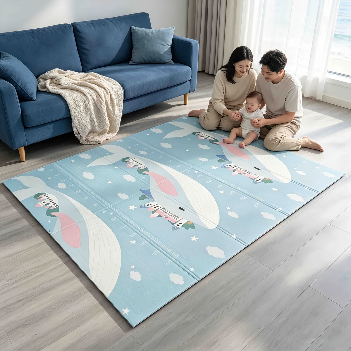 Double-Sided Crawling & Tummy Time Play Mat, Soft Thickened Foldable Baby Floor Mat for Indoor Use, Whale Paradise Design in 79x71 and 79x59 Inch Sizes