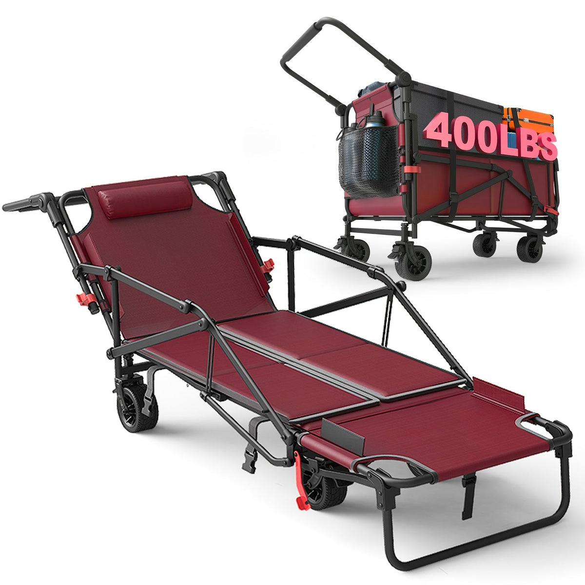 Heavy Duty Folding Wagon 2-in-1 Collapsible Cart and Beach Chair 400 420 650LBS Capacity All-Terrain 360 Swivel Wheels with Brakes Side Pockets for Camping Beach Groceries