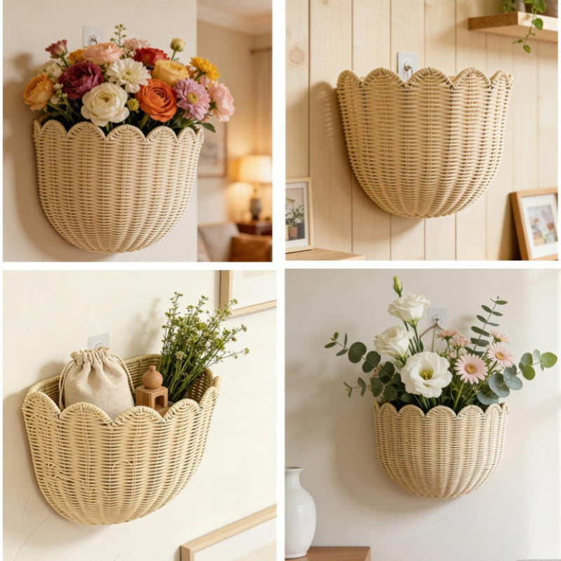 2-Piece Scalloped Hanging Wicker Wall Basket Set Hand Woven Rattan Wall Storage & Decor 16×12×7 & 14×8×6 In – Home Bathroom Kitchen & Living Room