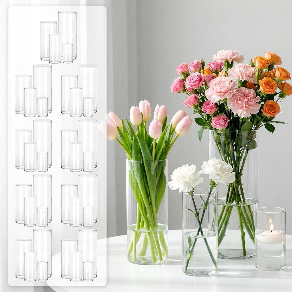 WHONLINE 36-Piece Clear Glass Cylinder Vases 4 6 8 10 Inch for Centerpieces Wedding Decorations & Indoor Home Decor Hurricane Candle Holder for Table Shelf & Party