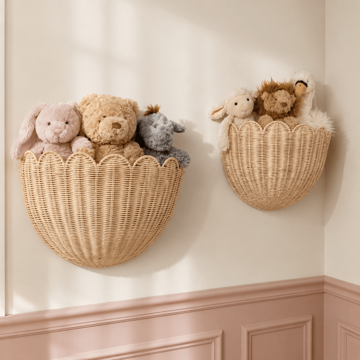 2-Piece Scalloped Hanging Wicker Wall Basket Set Hand Woven Rattan Wall Storage & Decor 16×12×7 & 14×8×6 In – Home Bathroom Kitchen & Living Room