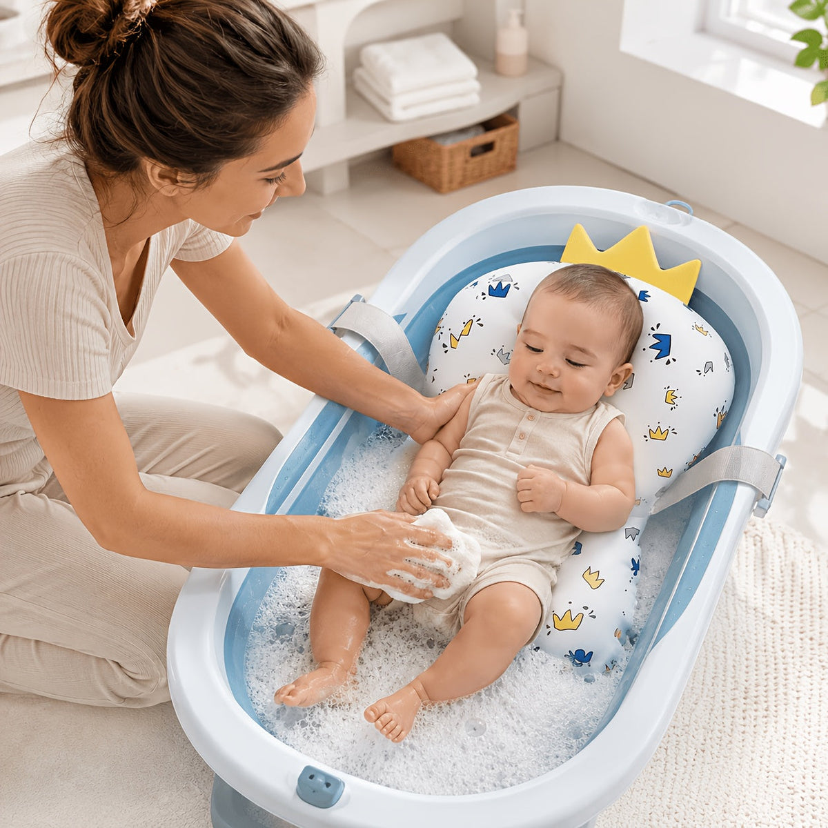 Baby Bath Support Mat Cushion for Newborns, Non-Slip 3-Point Adjustable Infant Shower Net Seat with Cute Cartoon Prints, Safe Bathing Aid for Boys & Girls (Tub Not Included)