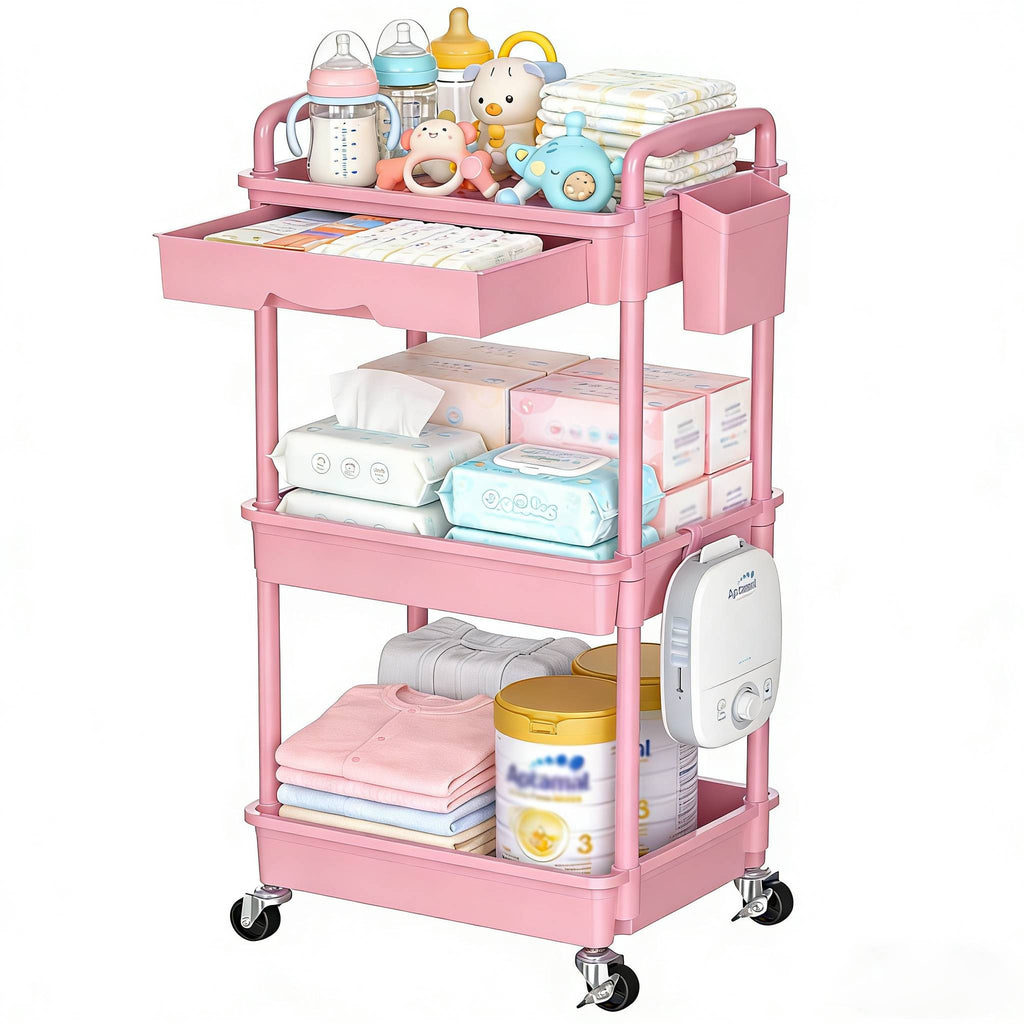 3-Tier & 4-Tier Mobile Nursery Storage Cart on Wheels, Space-Saving Rolling Organizer for Nursery & Baby Room Decor, Sturdy with Smooth Wheels, Baby Pink, Green, Blue, Purple, White, Black & Grey