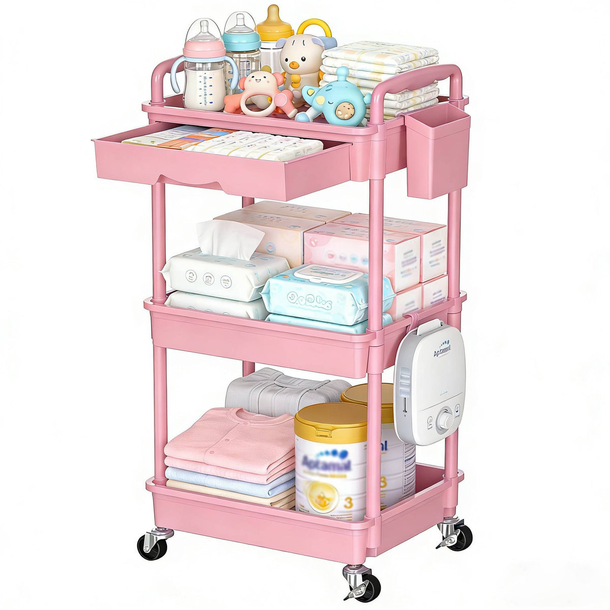 3-Tier & 4-Tier Mobile Nursery Storage Cart on Wheels, Space-Saving Rolling Organizer for Nursery & Baby Room Decor, Sturdy with Smooth Wheels, Baby Pink, Green, Blue, Purple, White, Black & Grey