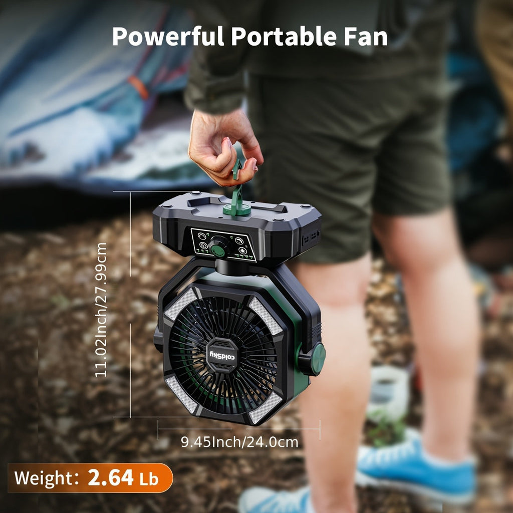 Portable Camping Fan with Remote Control - 8 Speeds, Dual Motor, Rechargeable Battery, Outdoor Fan for Camping Tent Yard Barbecue Beach - Orange Black & Green Black