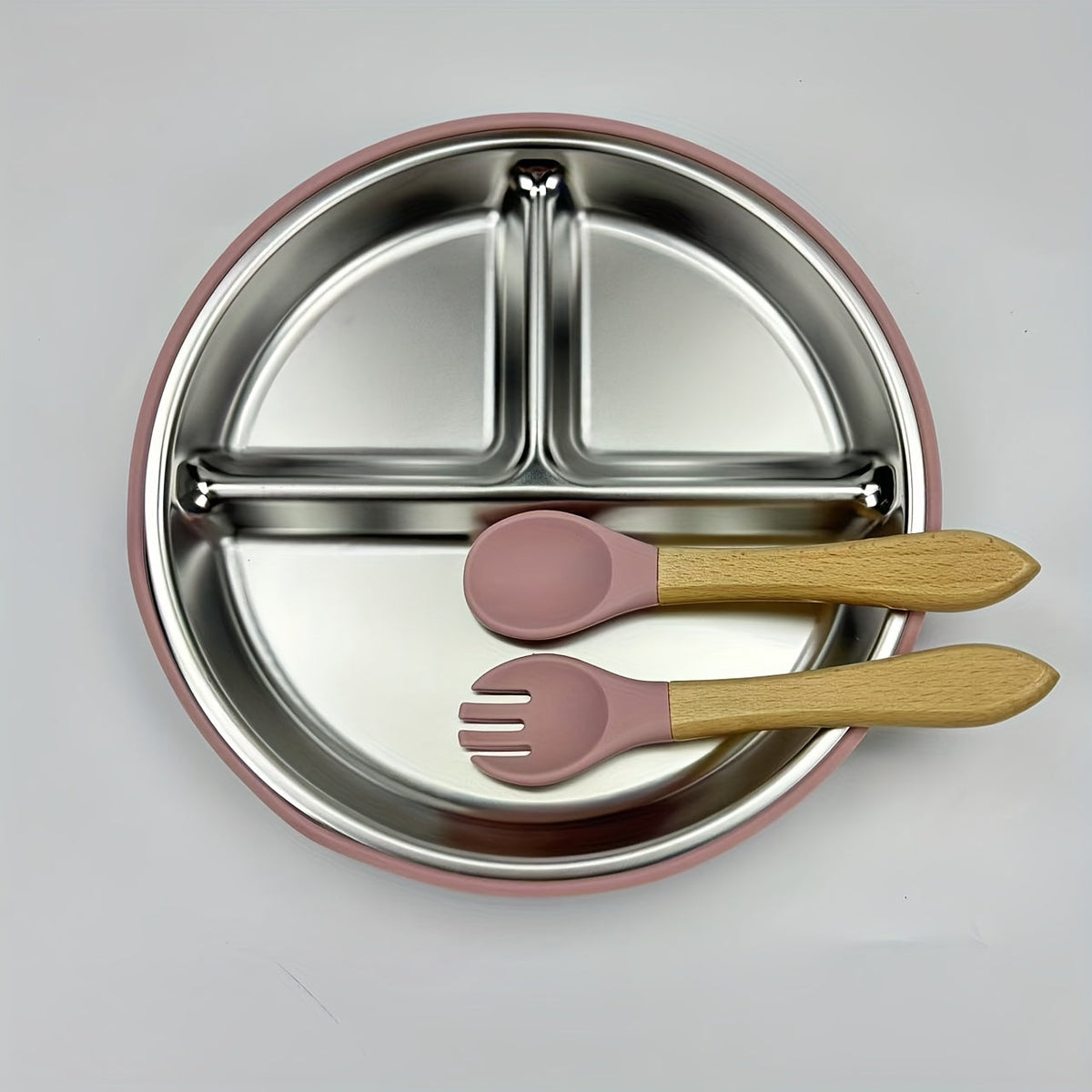 3-Piece Children's Tableware Set, Stainless Steel Plate with Wooden Fork & Spoon for Baby Food & Supplements, Drop-Resistant Easy to Clean, Gray Blue Light Pink & Dark Green, Holiday Gift