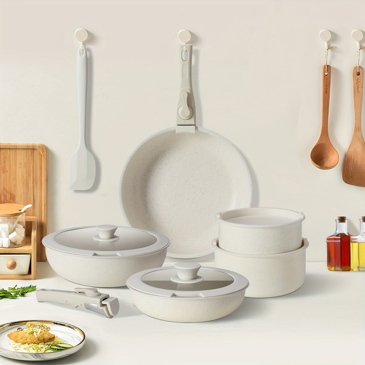 12-Piece Nonstick Ceramic Cookware Set – Induction Ready Frying Pans Saucepans Casserole Detachable Handle Oven Safe Stackable for Home RV & Kitchen in White